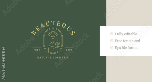 Gentle woman hand with flower buttercup line art logo design template vector illustration. Elegant female arm holding floral blossom linear logotype for yoga relax meditation beauty salon