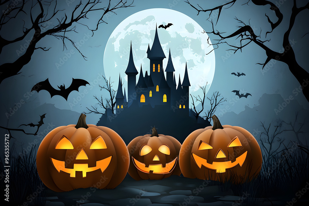 A spooky castle stands under a crimson moon. A grinning jack-o'-lantern and creepy crawlers add to the Halloween atmosphere. A spooky castle stands under a crimson moon. A grinning jack-o'-lantern and creepy crawlers add to the Halloween atmosphere.
