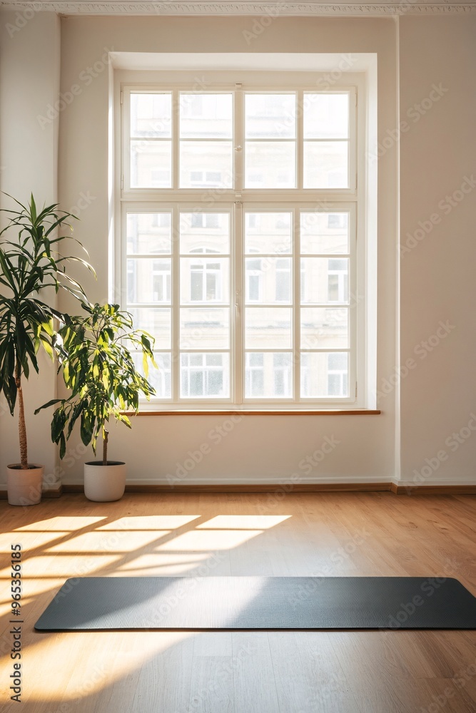 Fototapeta premium minimalist yoga studio interior with plant and sunlight