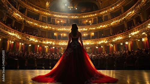 An opera diva performing in an opulent theater, her powerful voice resonating through the hall, with the rich decor and elegant lighting adding to the drama of the performance