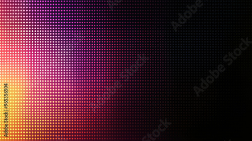 Pixelated glowing dots in a purple and orange gradient on dark background