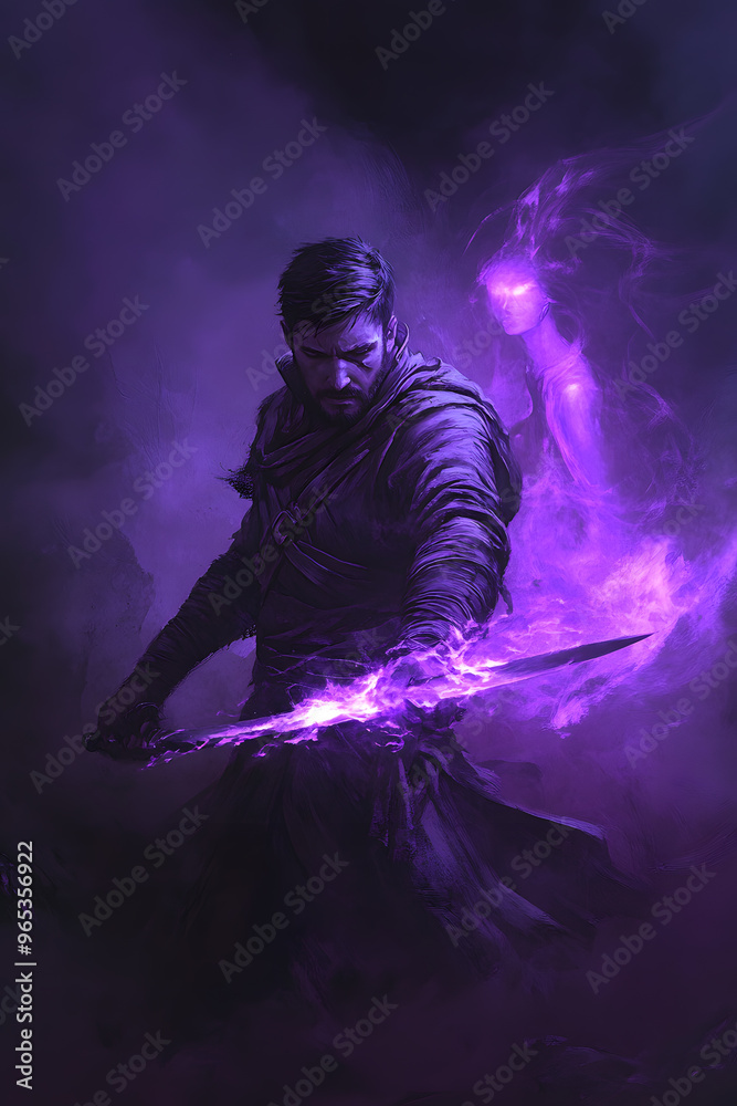 A strong looking mage in his thirties with a short beard, wielding a short sword glowing with dark purple energy A strong looking mage in his thirties with a short beard, wielding a short sword glowing with dark purple energy