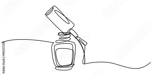 Nail varnish one line drawing on white isolated background for store, banner and business card. Linear art. Vector illustration, Nail Polish Continuous Line Illustration, Bottle of nail polish as one