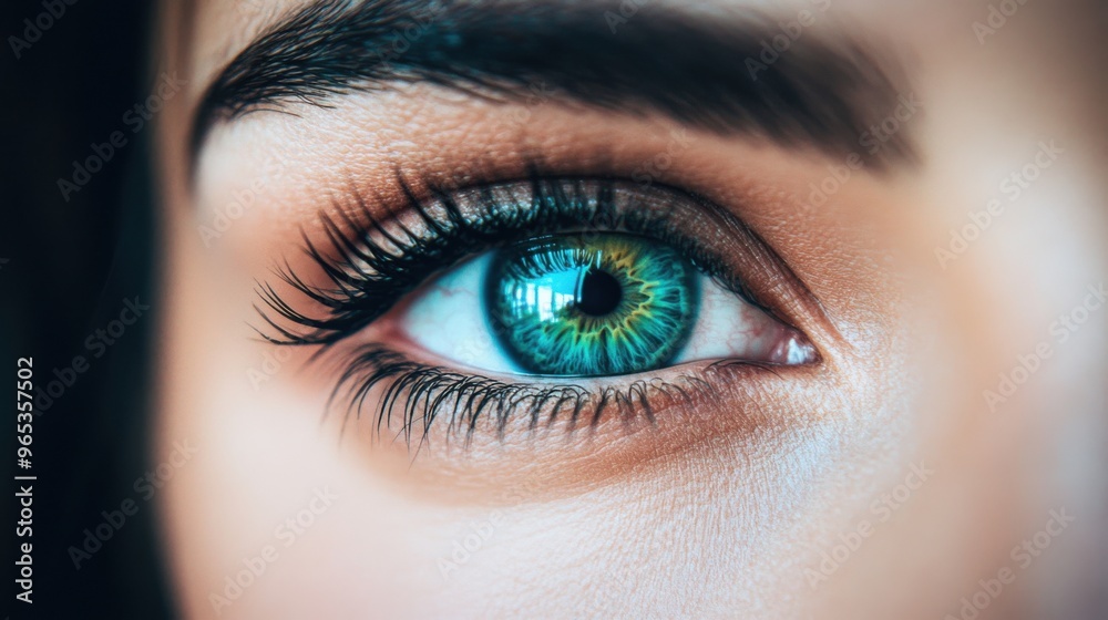 Obraz premium Close-up of a Woman's Eye with Blue and Green Iris