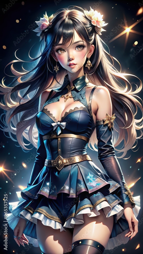 Anime Girl in Blue Dress with Stars Background Anime Girl in Blue Dress with Stars Background