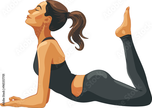 
A woman in a yoga pose doing cobra or upward dog position on a white background in a simple vector illustration in the style of clipart