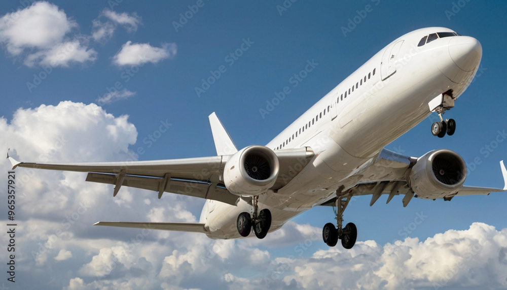 White passenger plane against the blue sky. Flight, tourism, travel. White passenger plane against the blue sky. Flight, tourism, travel.