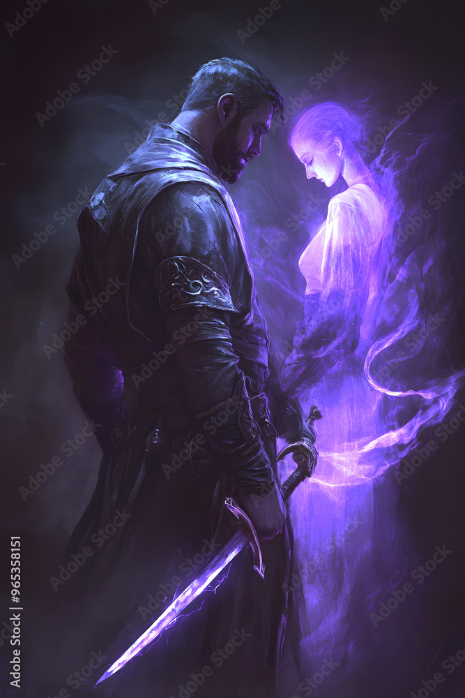 A strong looking mage in his thirties with a short beard, wielding a short sword glowing with dark purple energy A strong looking mage in his thirties with a short beard, wielding a short sword glowing with dark purple energy