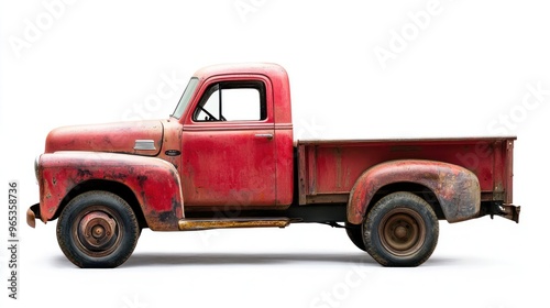 Red, Rusty Vintage Pickup Truck Isolated on White Background