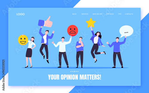Employee feedback work satisfaction survey business concept flat vector illustration. Employee or customer feedback rating opinion with people and social icons - thumb, smile emoji, stars and heart.