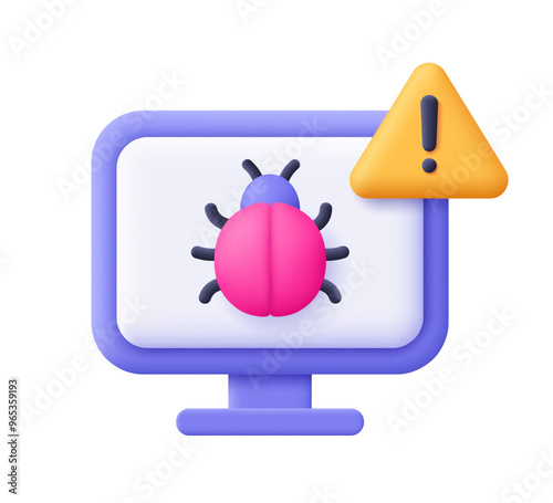 Computer with bug with warning symbol, triangle with exclamation point. Computer virus, malware, bug alert, cyber security concept. 3d vector icon. Cartoon minimal style.