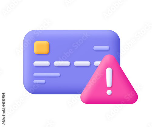 Credit card with with warning symbol, triangle with exclamation point. Transaction problem, payment error, fraud and financial risk concept. 3d vector icon. Cartoon minimal style.