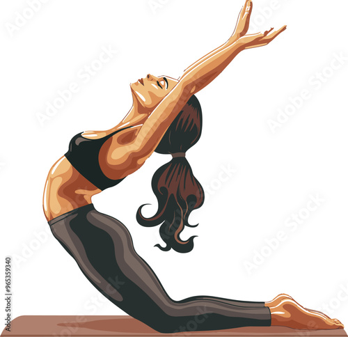 
A woman in a yoga pose doing cobra or upward dog position on a white background in a simple vector illustration in the style of clipart