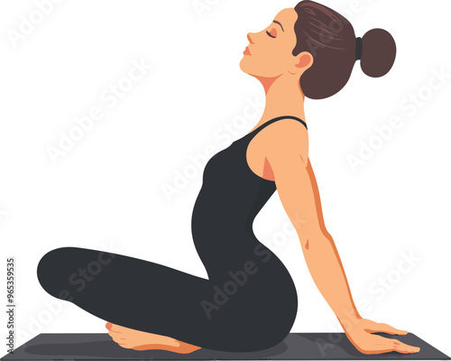 
A woman in a yoga pose doing cobra or upward dog position on a white background in a simple vector illustration in the style of clipart