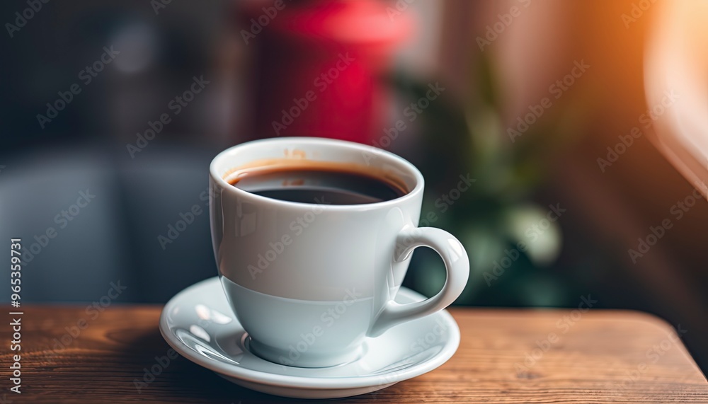 Soft focus blur Hot coffee cup of black,coffee and tea on wooden table in the morning.