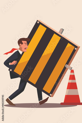 Businessman Actively Pushing Away a Large Warning Sign, Managing Crisis and Problem Solving in Business