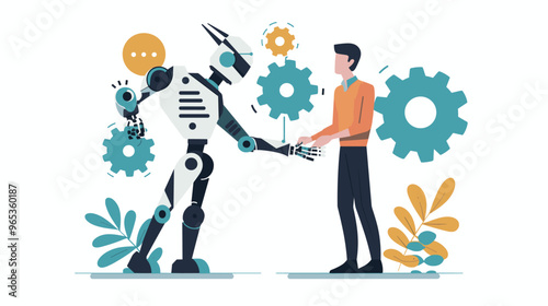 Human and Robot Collaborating with Gears, Symbolizing AI Integration and Peaceful Technological Advancement photo