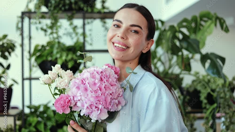 Beautiful young woman holding a bouquet of flowers in a bright room surrounded by green plants. She smells the flowers, looks at the camera and smiles. She has beautiful white teeth and green eyes. Beautiful young woman holding a bouquet of flowers in a bright room surrounded by green plants. She smells the flowers, looks at the camera and smiles. She has beautiful white teeth and green eyes.