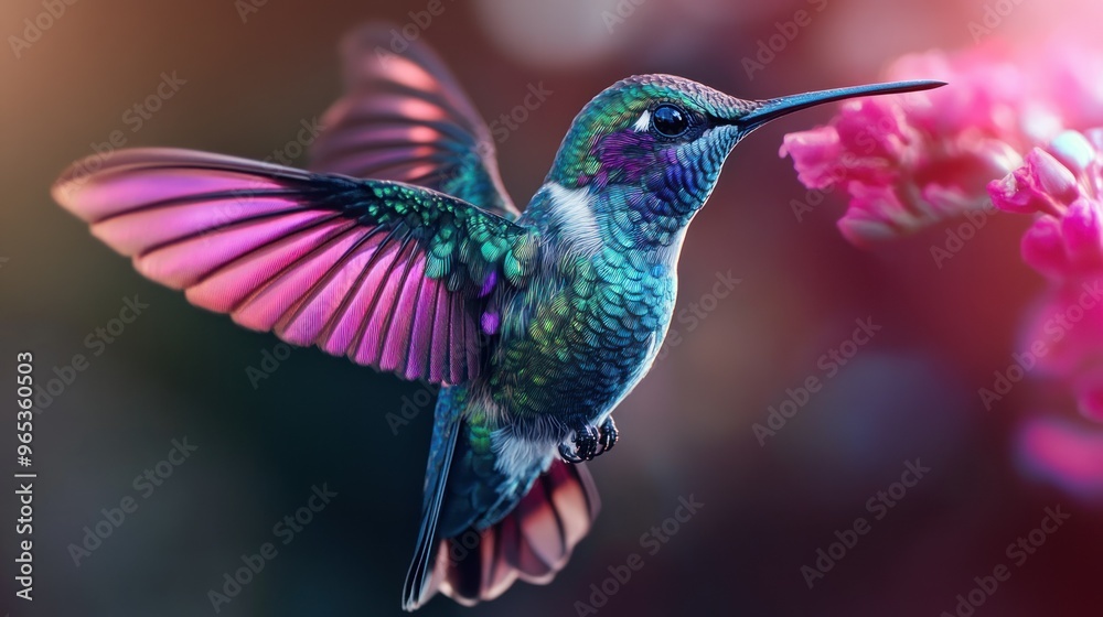 Obraz premium A Hummingbird with Vibrant Pink and Blue Feathers Hovering Near a Flower