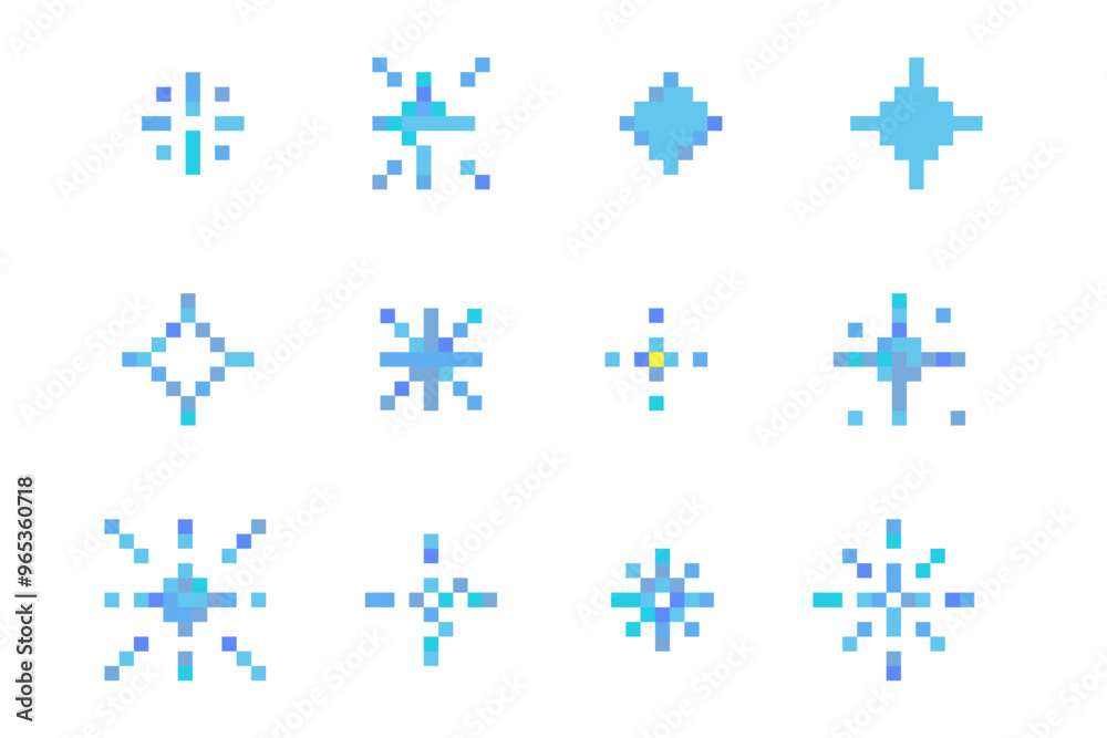 Obraz premium Pixel snowflake winter retro pixilated 8 bit game stamp. Holiday flake ornament. Simple crystal ornament. 