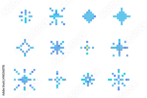 Pixel snowflake winter retro pixilated 8 bit game stamp. Holiday flake ornament. Simple crystal ornament. 