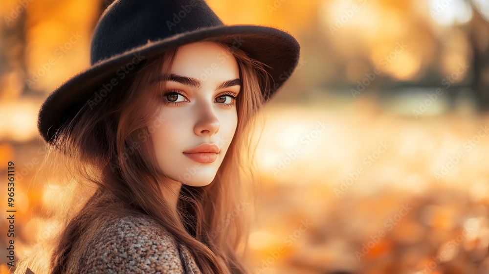 Autumn Portrait Beautiful Woman Hat Brown Hair Nature Background Autumn Portrait Beautiful Woman Hat Brown Hair Nature Background