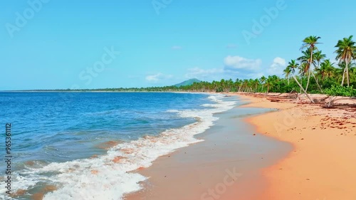 Sea beautiful bay with transparent azure water and bright green palm trees. Festive Summer eventful vacation. Travel concept. Beach on the Mediterranean coast. photo