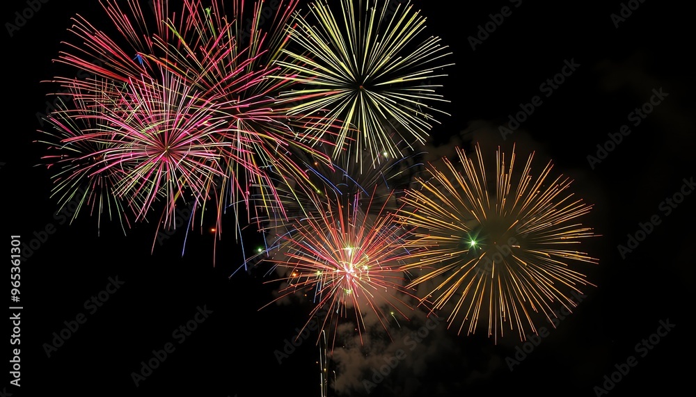 A dazzling display of fireworks explodes in a night sky. The fireworks are multicolored, with bursts of red, green, blue, yellow, and orange. Smoke trails from the fireworks linger in the air.
A dazzling display of fireworks explodes in a night sky. The fireworks are multicolored, with bursts of red, green, blue, yellow, and orange. Smoke trails from the fireworks linger in the air.