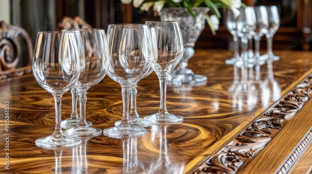 Elegant Wine Glasses on a Polished Wooden Table. Elegant Wine Glasses on a Polished Wooden Table.