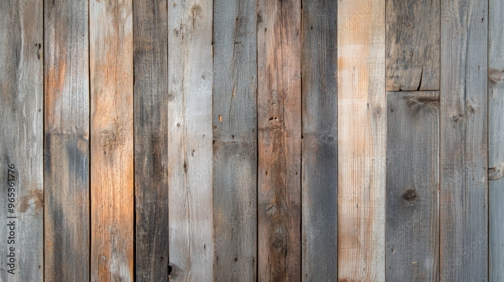 Naklejka premium Rustic Reclaimed Wood Wall with Weathered Patina in Earthy Tones - Interior Design Background in Soft Lighting