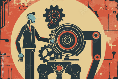 Human and Robot United in Holding a Large Gear, Demonstrating Harmony in Technological Progress