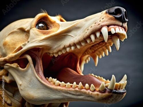 The cranium of a dog's skull forms the bony structure of the head, featuring a prominent snout, curved upper jaw, and rows of sharp teeth. photo