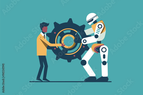 Human and Robot United in Holding a Large Gear, Demonstrating Harmony in Technological Progress