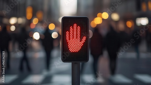 Pedestrian crossing signal showing a red hand to stop, with people waiting to cross the street, pedestrian red signal, safety in traffic photo