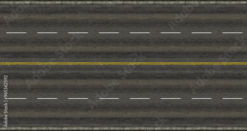 Level asphalted road with two yellow dashed white stripe and pedestrian crossing top view