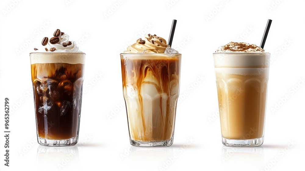 Three Iced Coffee Drinks with Whipped Cream and Coffee Beans Three Iced Coffee Drinks with Whipped Cream and Coffee Beans