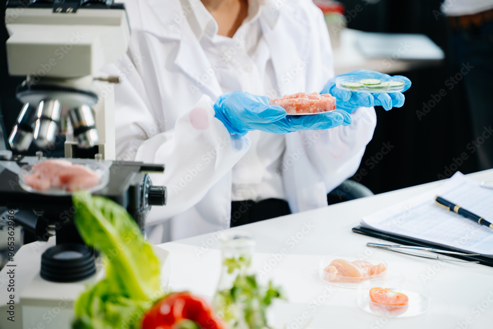 Food scientists in lab coats, testing samples, and analyzing food safety and quality in a laboratory Food scientists in lab coats, testing samples, and analyzing food safety and quality in a laboratory