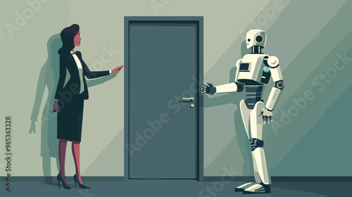 Robot Pointing Businesswoman to Exit Door, Machine Replacing Human Worker in Office