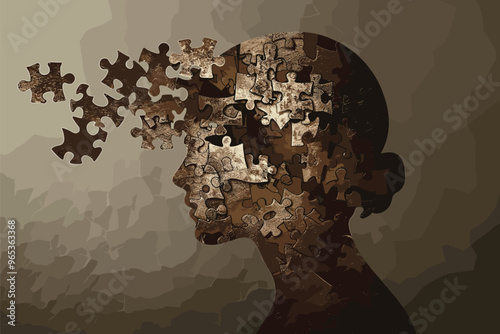 Silhouette of Human Head with Jigsaw Puzzle Pieces Splitting Apart, Representing Mental Health Issues, Dementia, Memory Loss, and Cognitive Decline