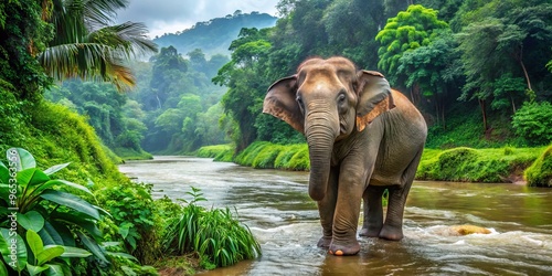 In a dense jungle, a small Bornean pygmy elephant roams, its wrinkled grey skin blending with the underbrush as a river flows gently in the distance. photo