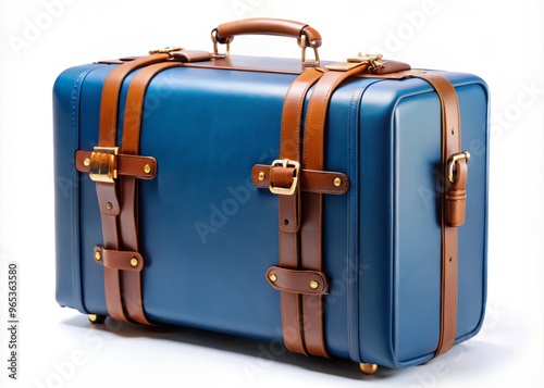 A stylish suitcase with a blue exterior and distinctive brown leather straps adorned with gold buckles stands tall on a crisp white backdrop.