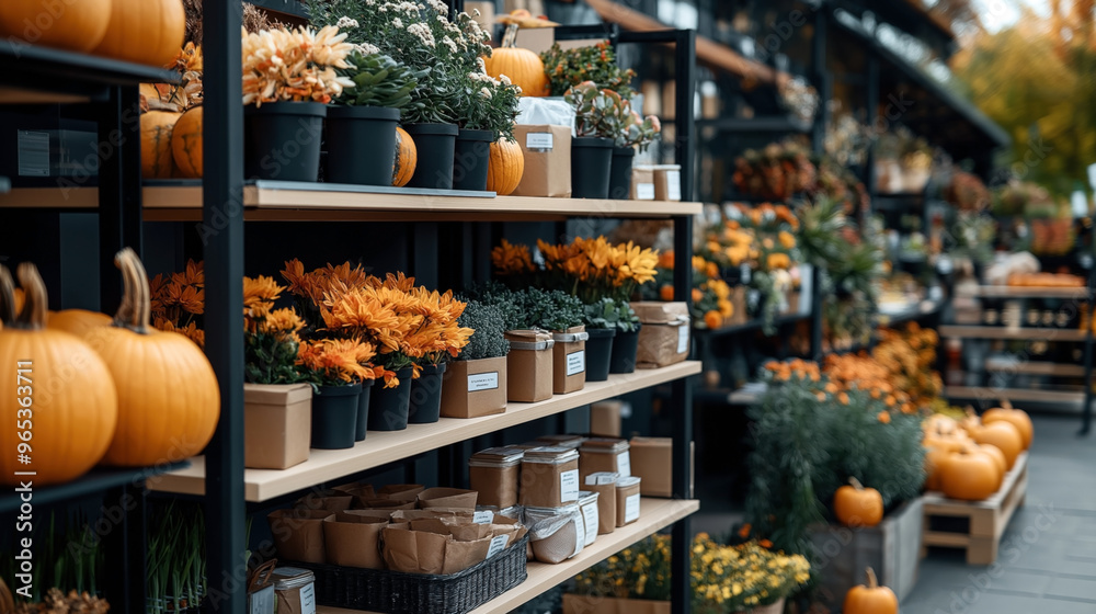 Shelves in a garden shop displaying various potted plants, vibrant orange flowers, and pumpkins. The setup suggests an autumn or fall theme, typically for seasonal decor. Shelves in a garden shop displaying various potted plants, vibrant orange flowers, and pumpkins. The setup suggests an autumn or fall theme, typically for seasonal decor.