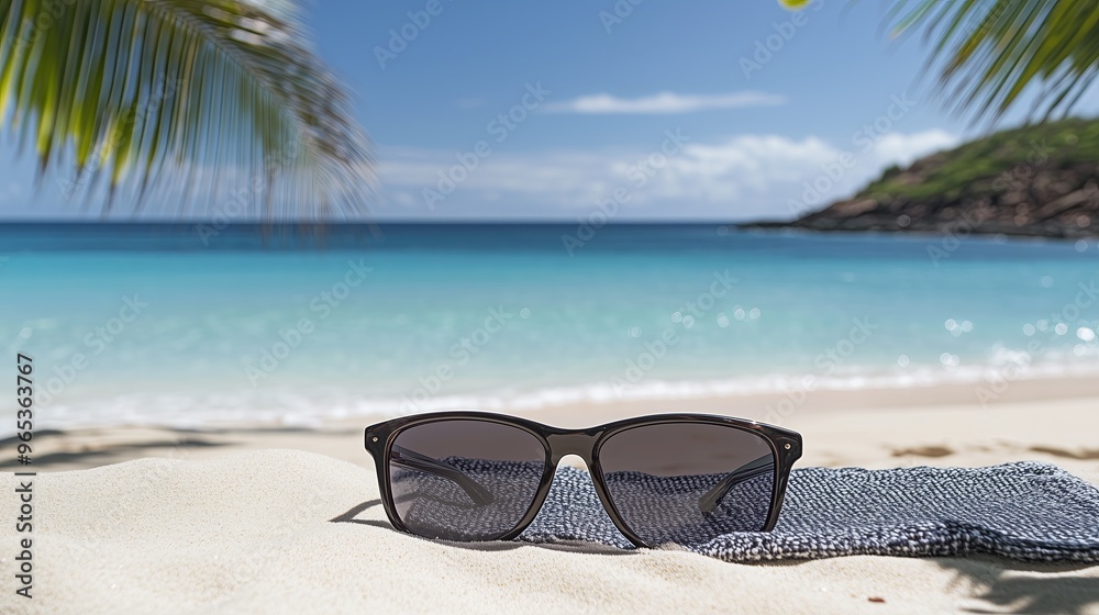 Stylish sunglasses resting on a soft towel on a pristine beach, with the sparkling ocean and palm trees in the background. of relaxation and summer vacation. Stylish sunglasses resting on a soft towel on a pristine beach, with the sparkling ocean and palm trees in the background. of relaxation and summer vacation.