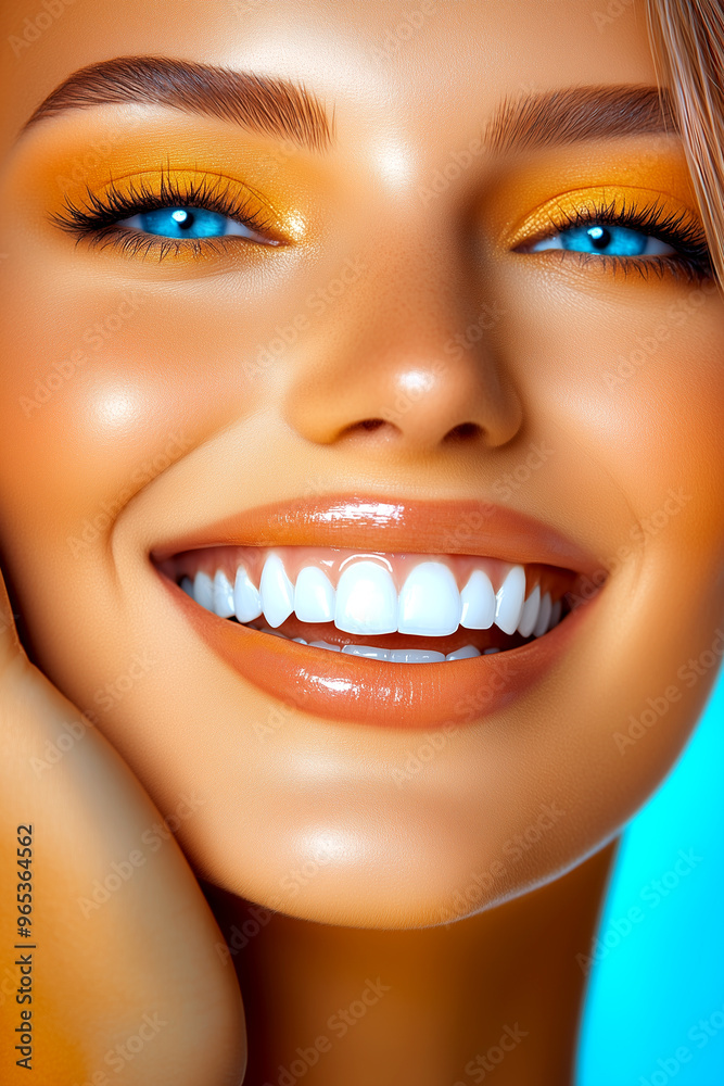 A woman with a bright smile and a yellow face. She has a lot of makeup on her face, including orange lipstick A woman with a bright smile and a yellow face. She has a lot of makeup on her face, including orange lipstick