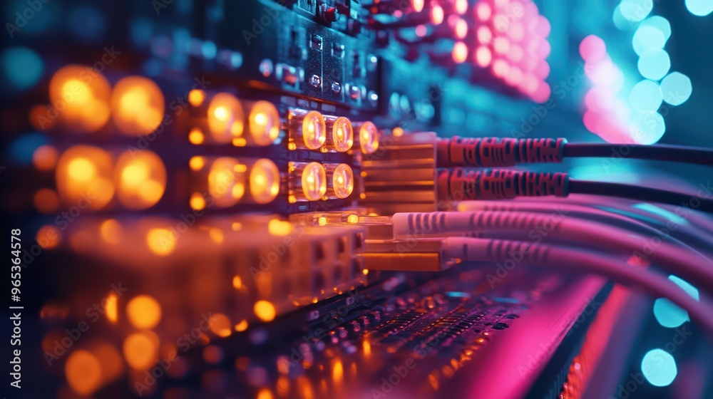 Fototapeta premium Fiber Optic cables connected to an optic ports