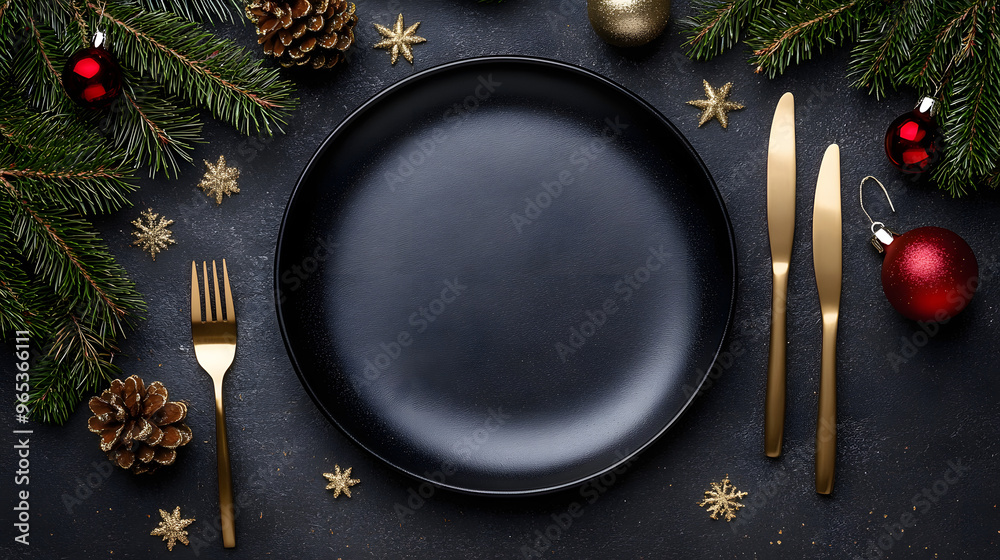 Christmas table setting with empty black ceramic plate, fir tree branch and gold accessories on black stone background. Top view. Copy space