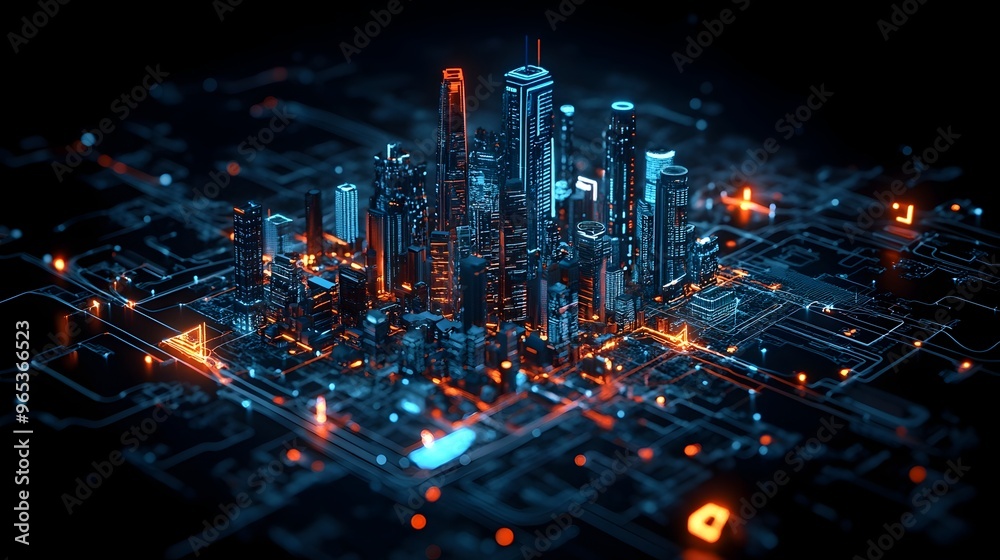 Obraz premium Dynamic Data Overlay Visualizing Electricity Usage Patterns Across a Smart City Landscape
