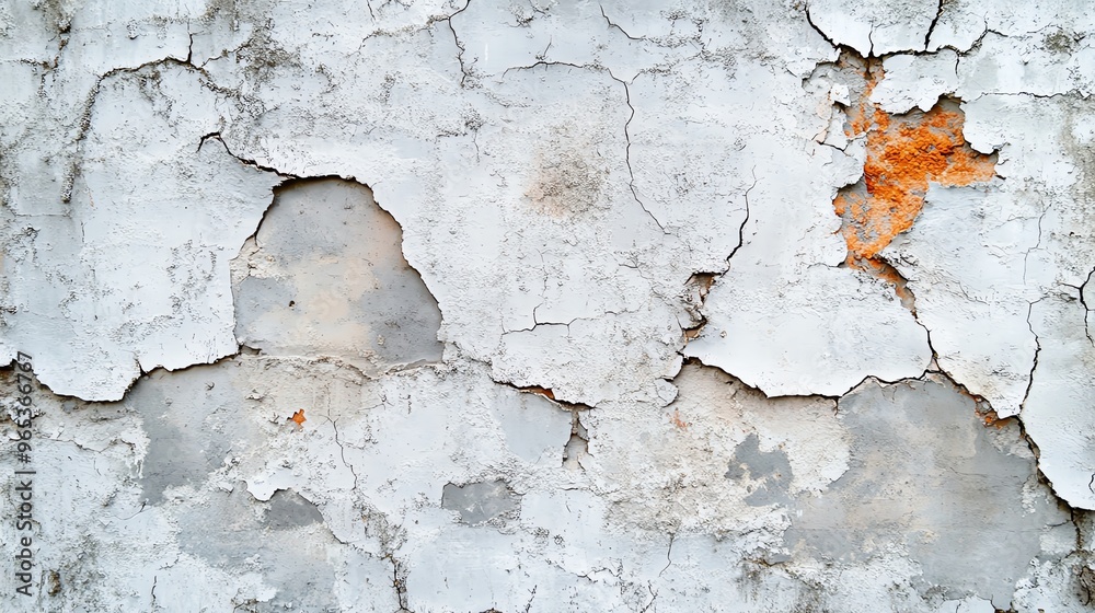 Obraz premium A close-up of an aged, cracked wall displaying peeling paint and subtle rust, perfect for texture and background use.