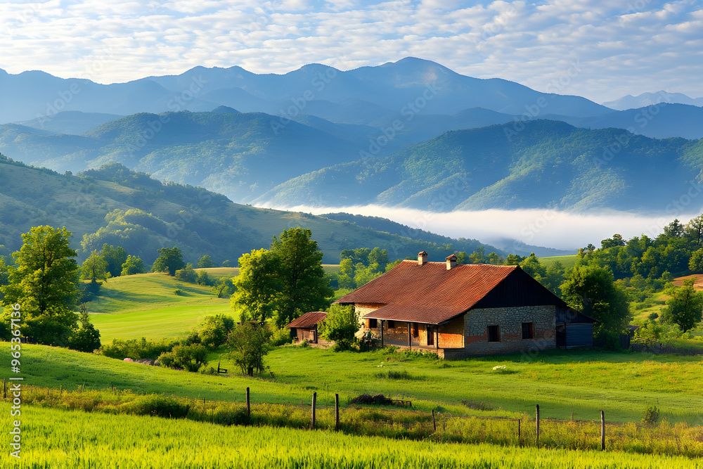 Serene Mountain House Rural Landscape Scenic Sunrise Misty Valley Serene Mountain House Rural Landscape Scenic Sunrise Misty Valley