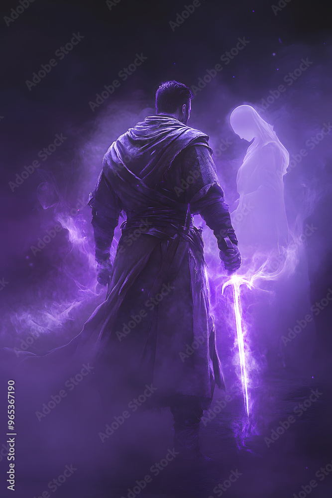 Obraz premium A strong looking mage in his thirties with a short beard, wielding a short sword glowing with dark purple energy